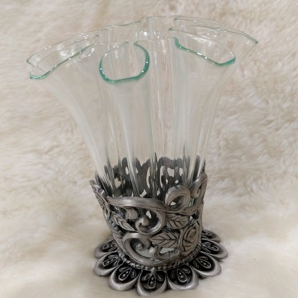 Vintage Green Ribbon Vase on Metal Pewter Holder Rose Flower Multi Glass fluted